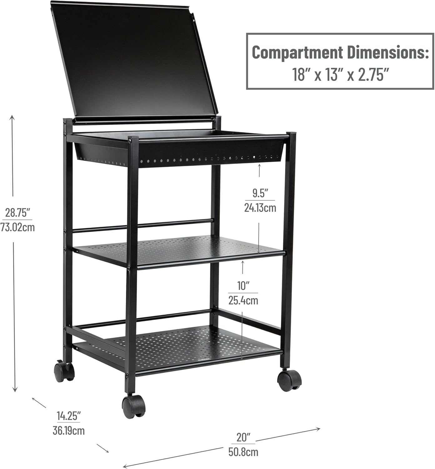 Mind Reader Cart with Covered Compartment, Office Organizer, Storage, 3-Tier, Office, Metal, 20" L