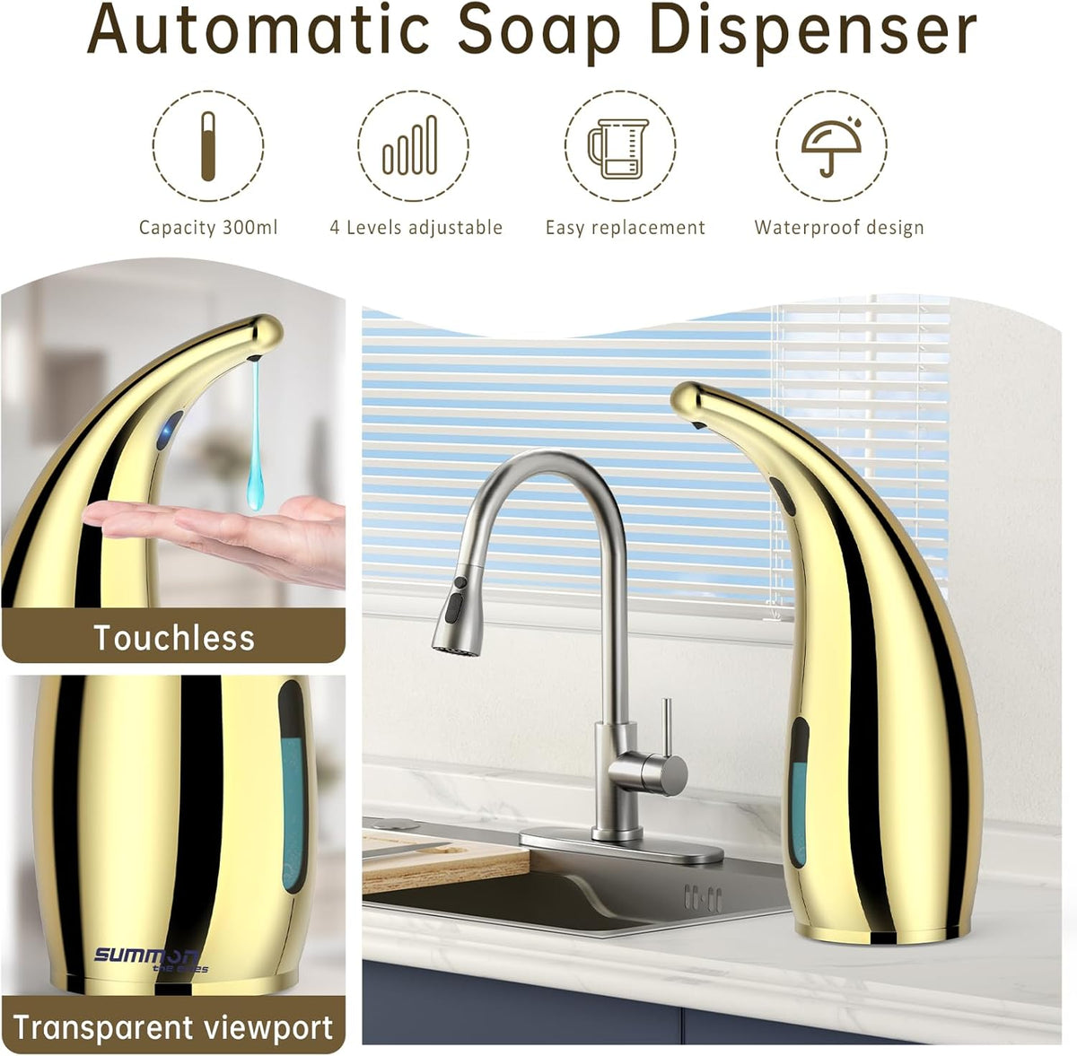 Automatic Liquid Soap Dispenser,300ML Touchless 4 Gear Adjustable,Countertop Electric Battery