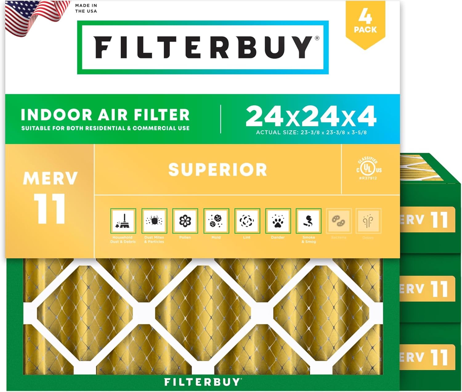 Filterbuy 24x24x4 Air Filter MERV 11 (MPR 1200) Allergen Defense Replacement (4-Pack)