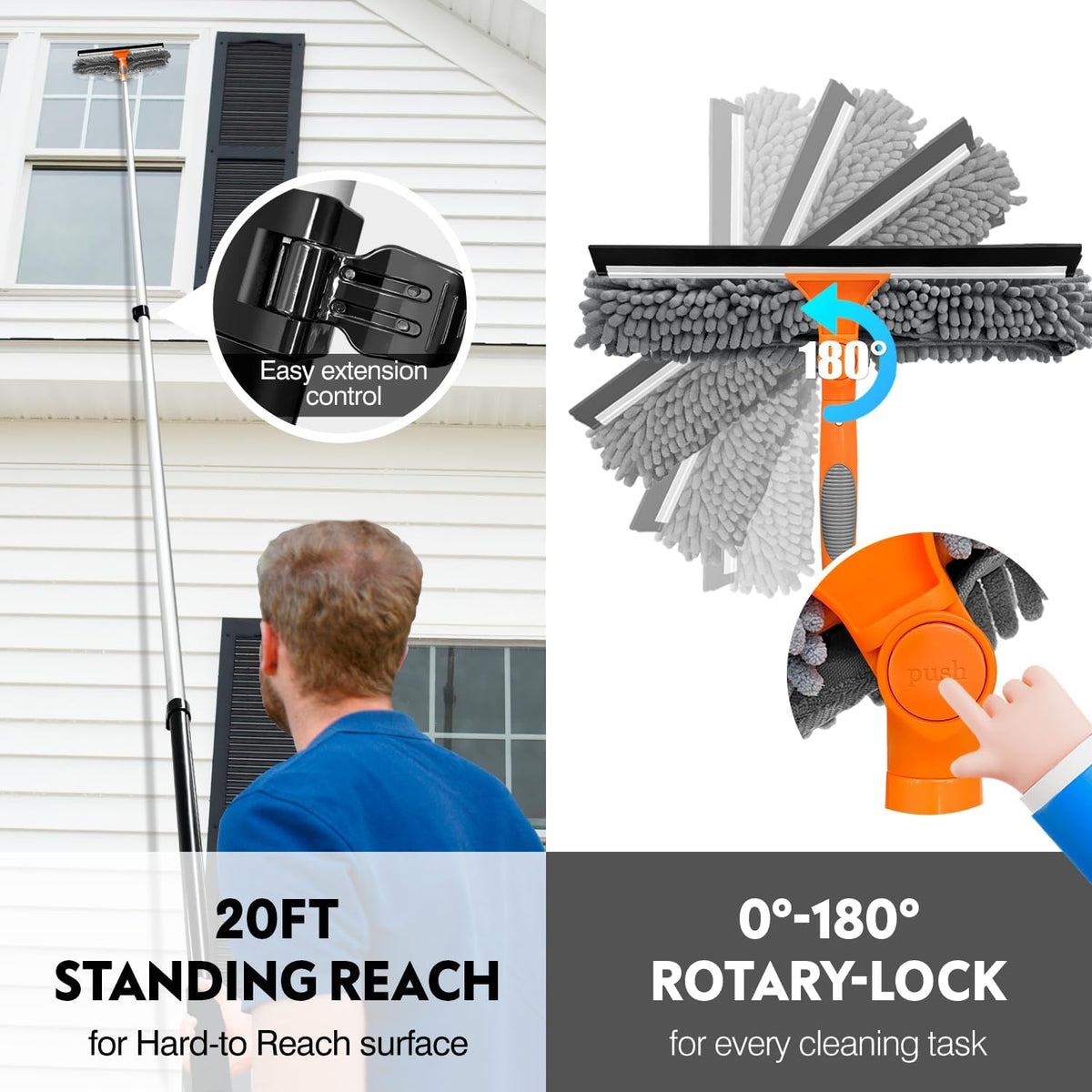 5-12ft Squeegee & 20Ft Reach Window Washer - 14" Extra-Large 2-in-1 Window Cleaner Tool with