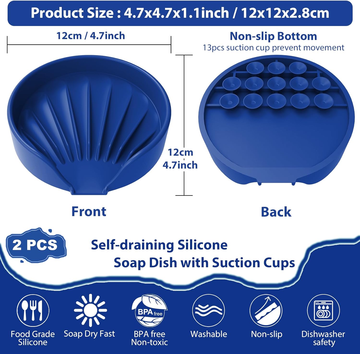 Self Draining Soap Dish, Silicone Suction Cup Soap Holder Tray Savers Container Sponge Holder for