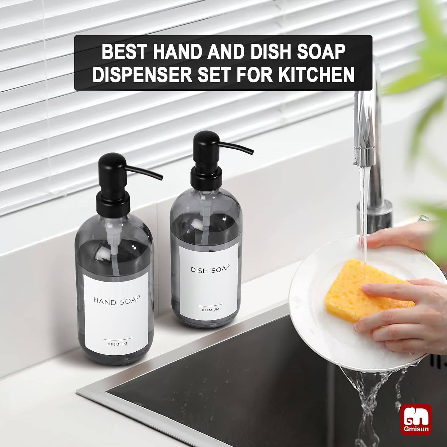 GMISUN Black Soap Dispenser, 2 Pack Hand Soap Dispensers for Bathroom, 17 Fl Oz Dish Soap Dispenser