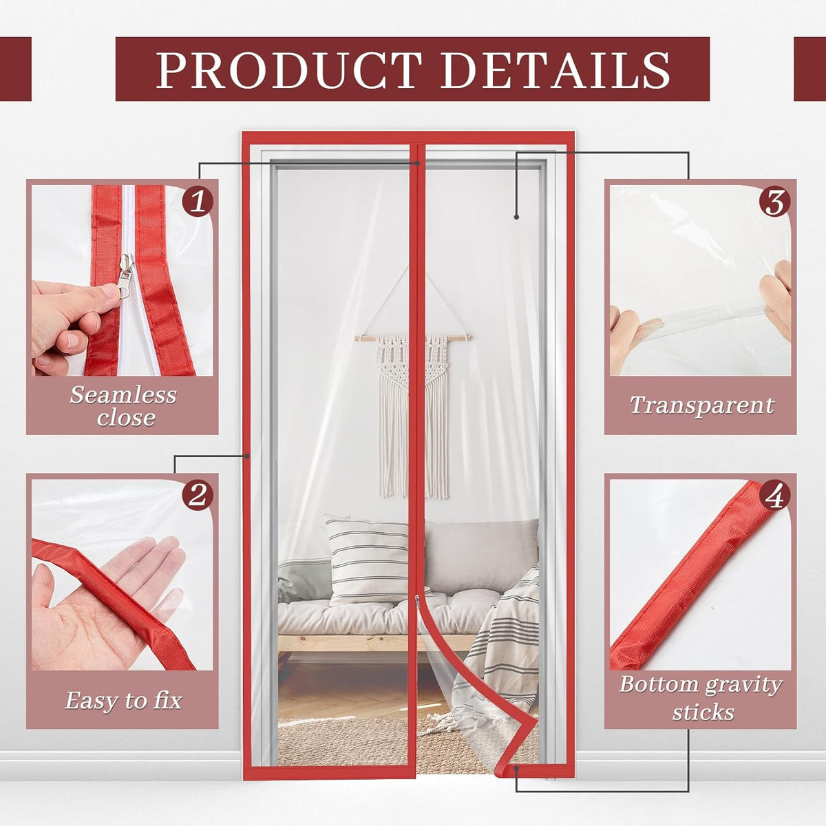 Amylove Zipper 60 x 102 Inch Dust Barrier Kit Red Edged Temporary Construction Door Barrier 5 x 8.5