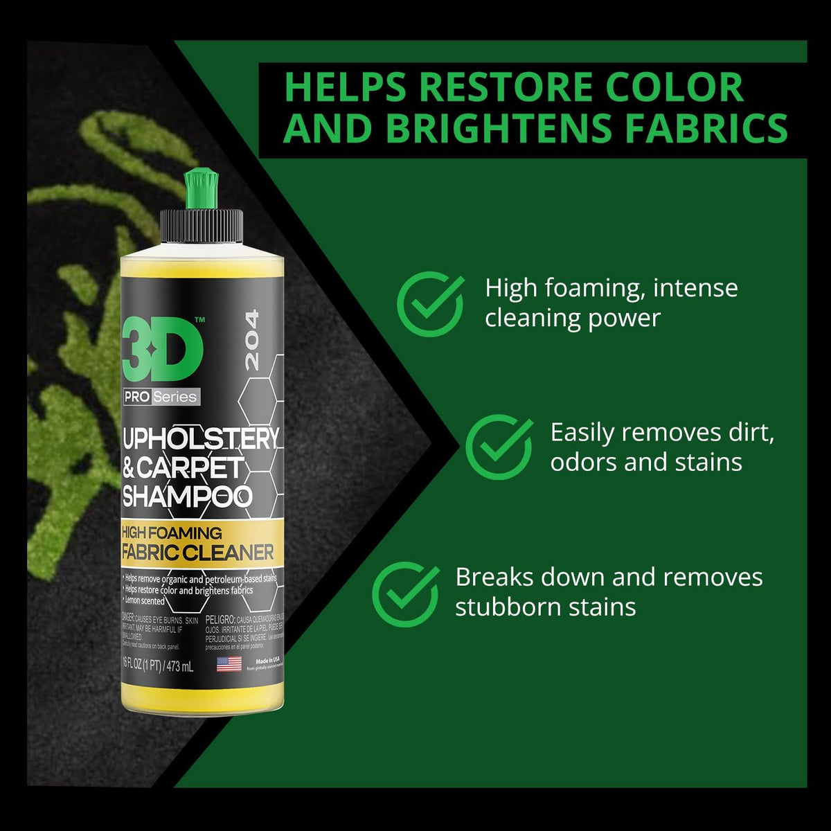 3D Upholstery & Carpet Shampoo - High Foam Stain Remover & Odor Eliminator Shampoo 16oz.