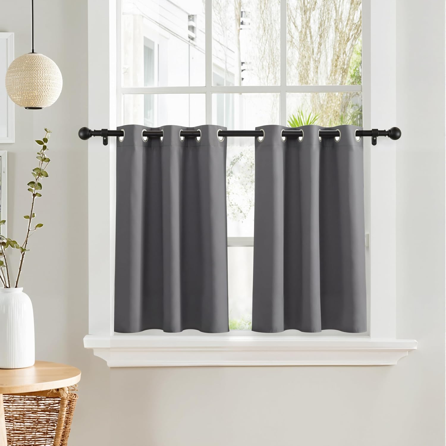 PONY DANCE Short Gray Blackout Curtains for Kitchen Over Sink 36 inch Long, Thermal Insulated Black
