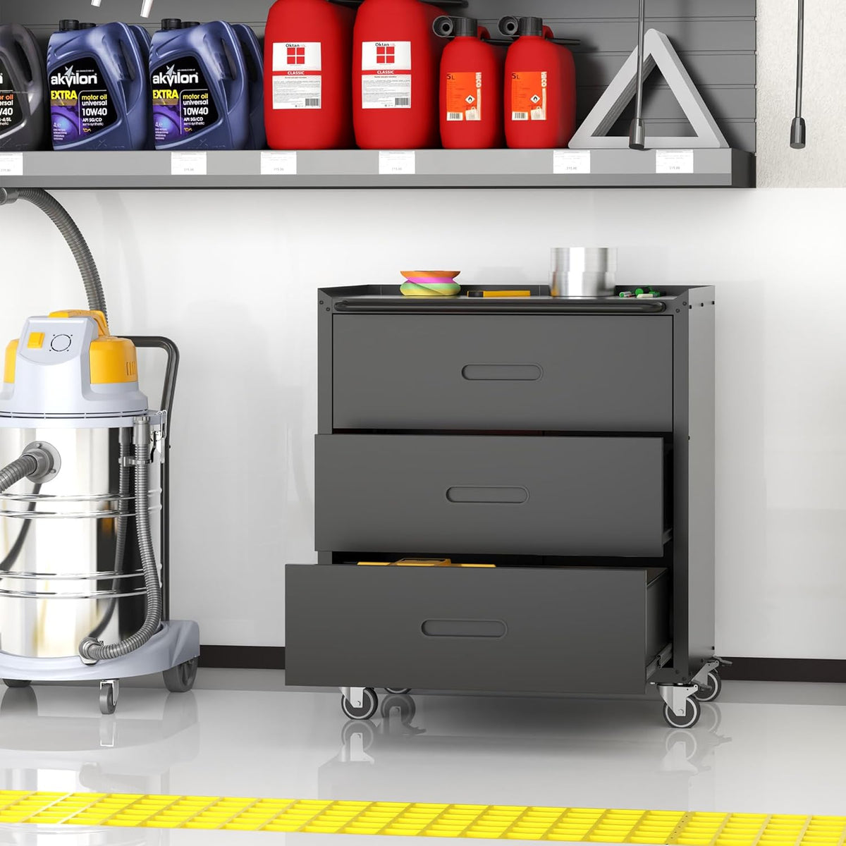 Metal Storage Cabinet with Wheels, Garage Storage Cabinet with 3 Drawers, Rolling Tool Storage