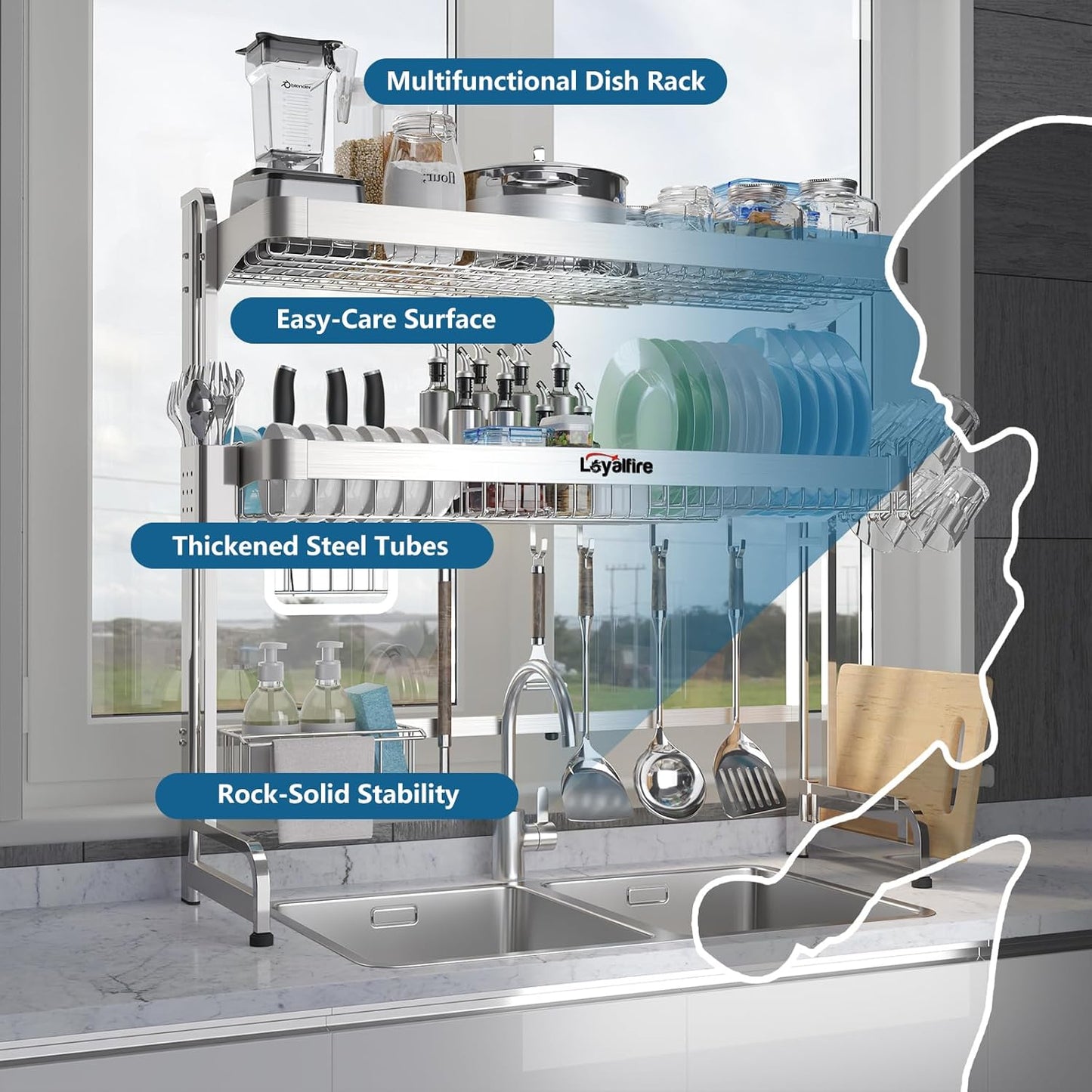Over Sink Dish Drying Rack, 3 Tier Adjustable Length (20.87'' to 37.6'') Full Stainless Steel Large
