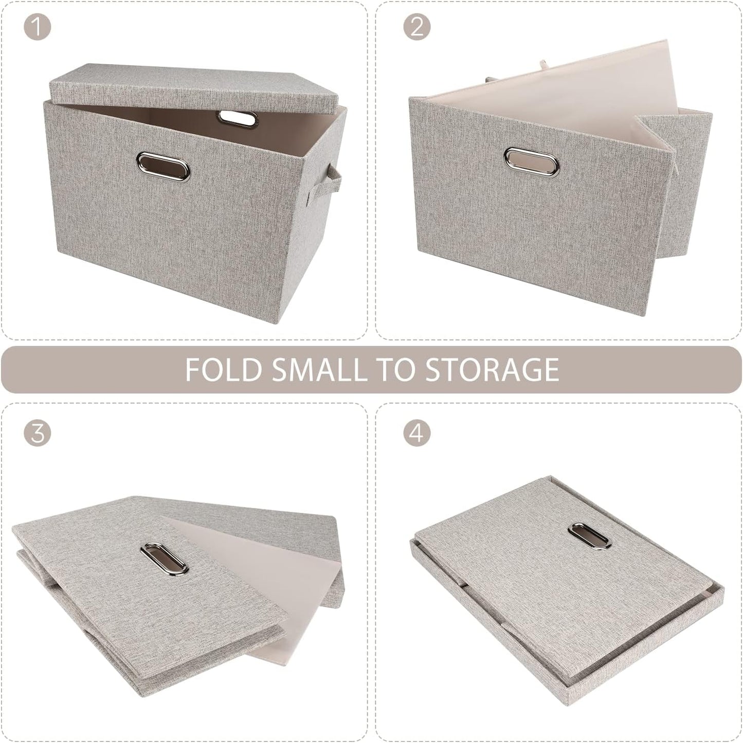 Large Quart Collapsible Stackable Storage Bins with Lids, 3 Packs Beige Linen Fabric Closet Boxes