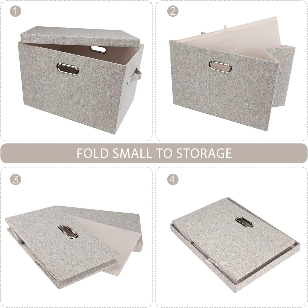Large Quart Collapsible Stackable Storage Bins with Lids, 3 Packs Beige Linen Fabric Closet Boxes