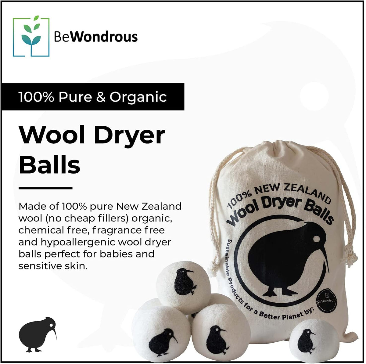 Wool Dryer Balls XL, 100% New Zealand Organic Wool - Reusable Natural Fabric Softener for Laundry