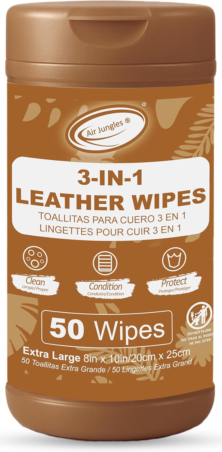 Air Jungles 3in1 Leather Wipes 50 Count, Extra Large 8" x 10" Size, Clean Condition Protect Wipes