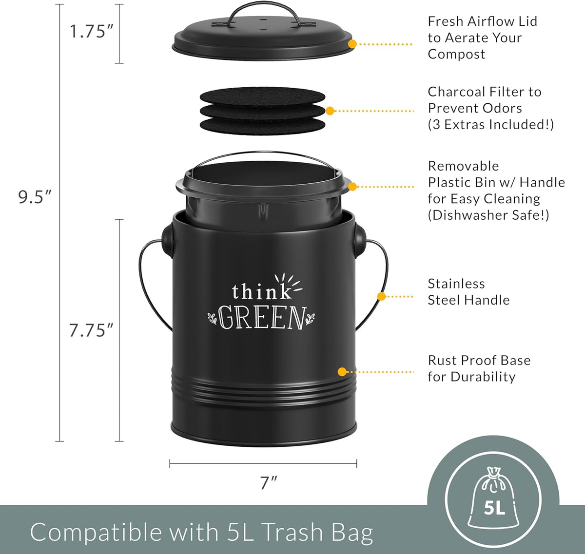 Barnyard Designs Compost Bin for Kitchen Counter - 1.2 Gallon Countertop Composter with Extra