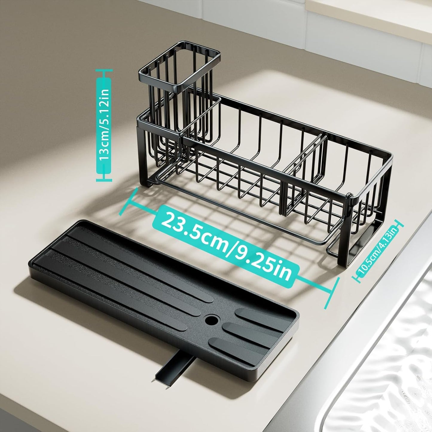 HapiRm Sponge Holder for Kitchen Sink - Self-draining Sink Caddy with Brush and Dishcloth Holders