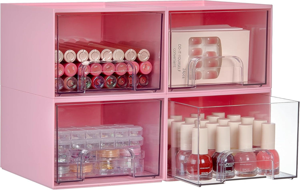 Vtopmart 4Pack Small Stackable Storage Drawers, Bathroom Makeup Organizer,Plastic Storage Bins For