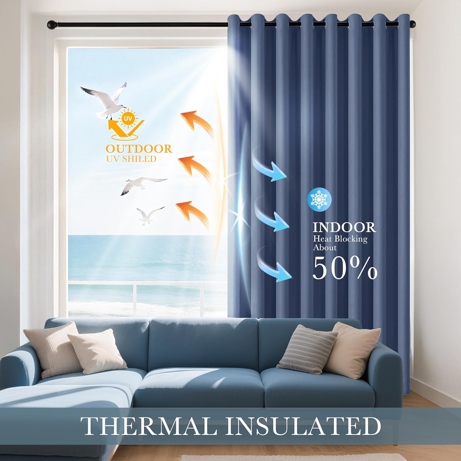 PONY DANCE Stone Blue Blackout Curtains for Bedroom 63 Inch Length 2 Panels Set, Thermal Insulated