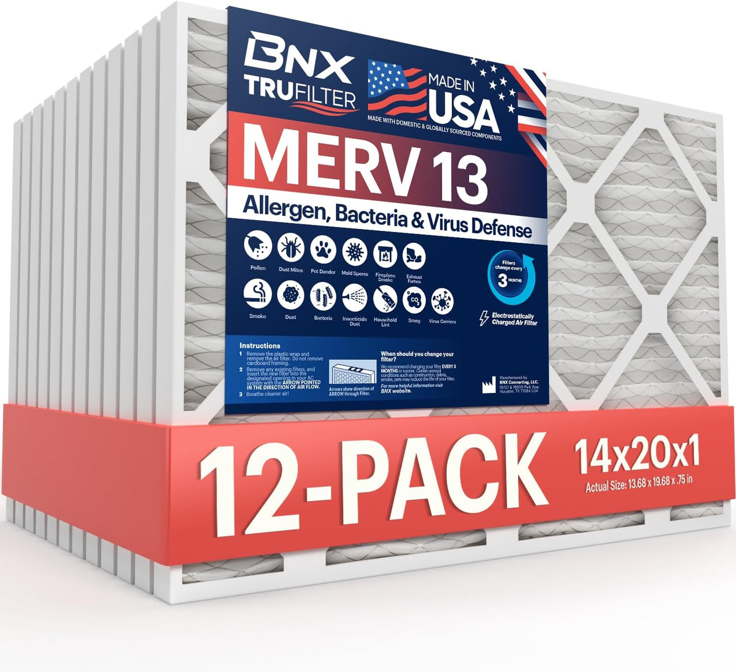 BNX TruFilter 14x20x1 MERV 13 (12-Pack) AC Furnace Air Filter - MADE IN USA - Electrostatic Pleated