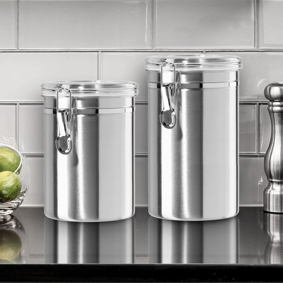 OGGI Stainless Steel Kitchen Canister 52 fl oz - Airtight Clamp Lid, Clear See-Thru Top - Ideal for