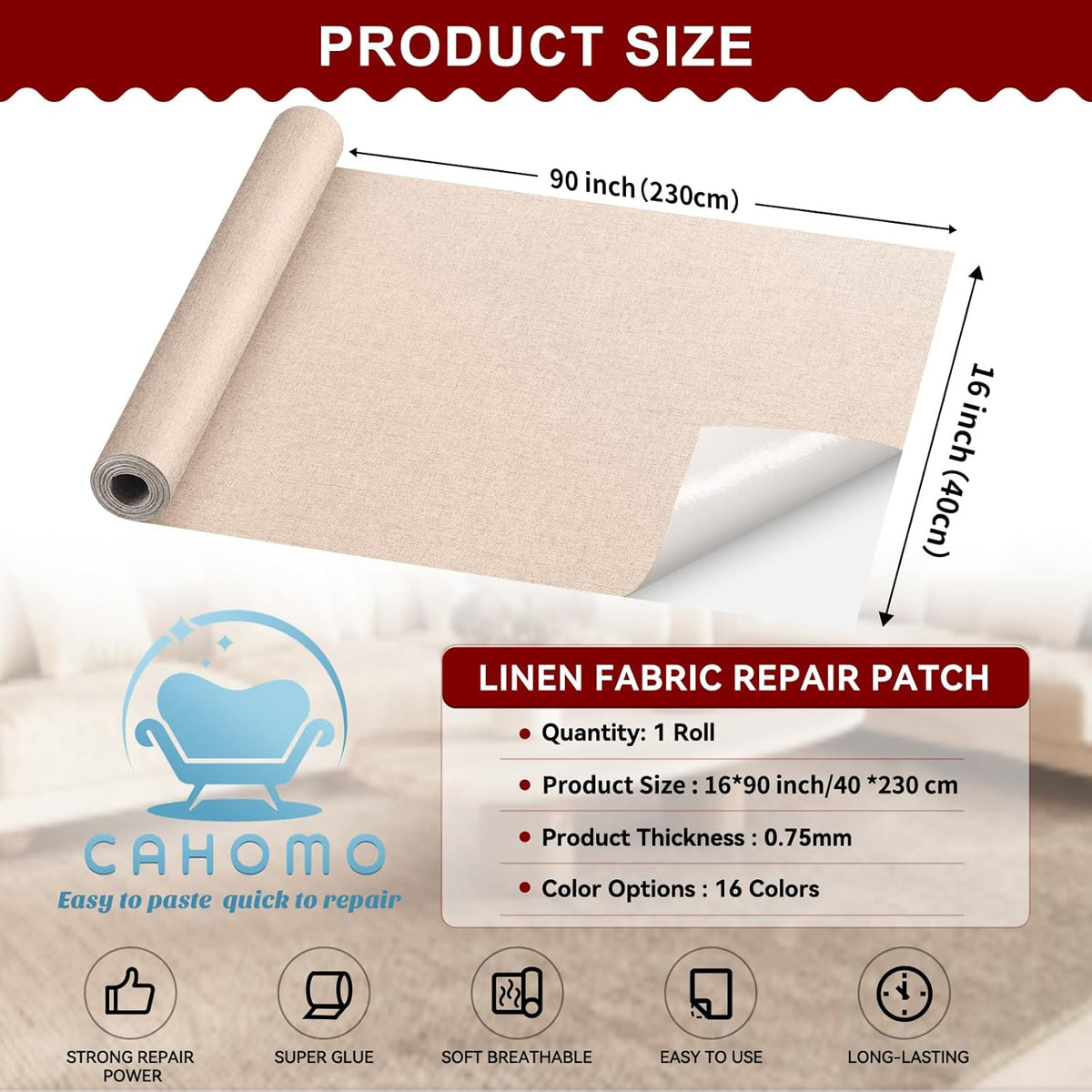 Linen Repair Tape 16x90 inch, Self Adhesive Fabric Patches, Linen Patch Tape Kit, Fabric Repair