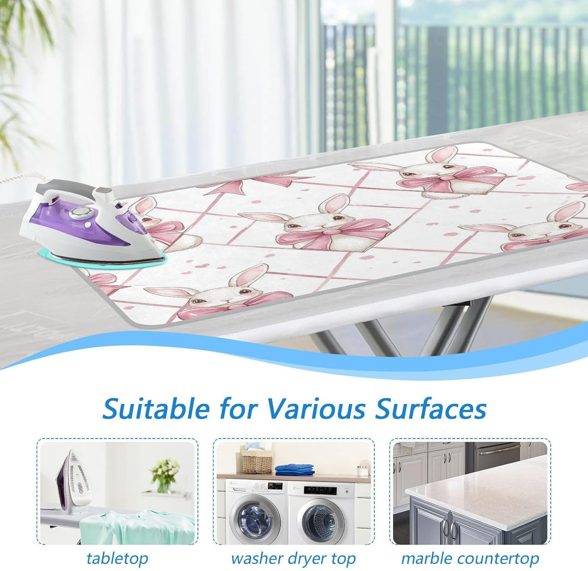 Easter Bunny Bows Pink Ironing Mat Thickened Ironing Blanket Travel Portable Double-Side Using