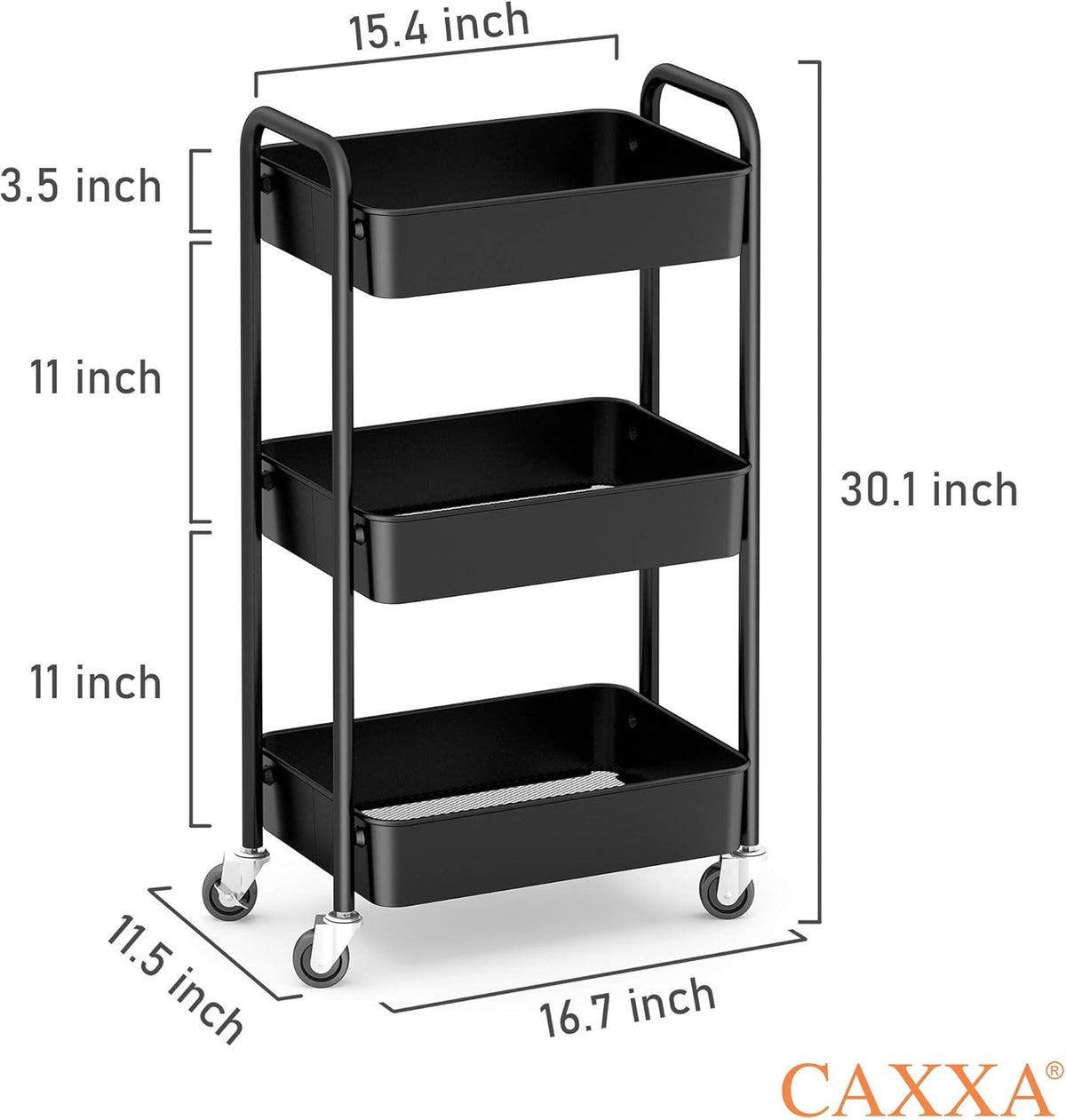 CAXXA 3-Tier Rolling Metal Storage Organizer - Mobile Utility Cart, Kitchen Cart with Caster Wheels