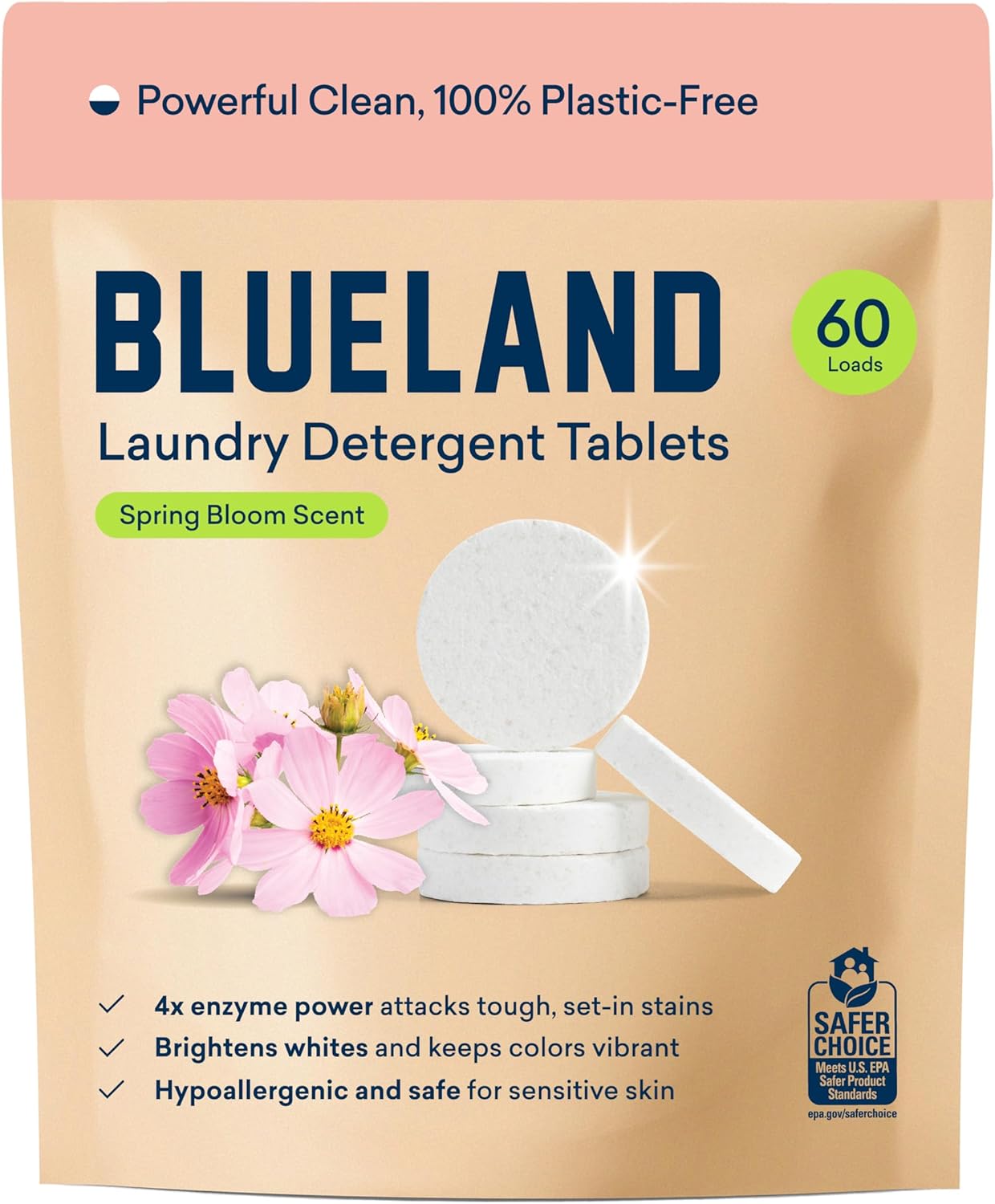 BLUELAND Laundry Detergent Tablets, 60 Count, Spring Bloom Scent, Plastic-Free Eco-Friendly Pods