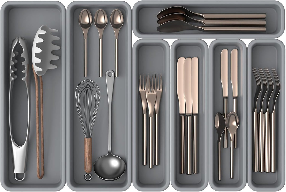 7 Pack Silicone Silverware Drawer Organizer, DIY Free Combination Kitchen Drawer Organizer, Utensil