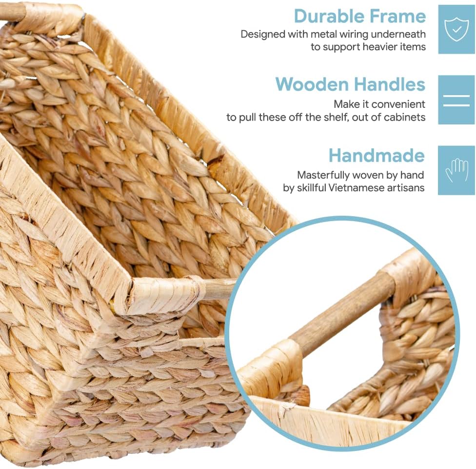 VATIMA Large Rectangular Wicker Basket with Wooden Handles for Shelves and Storage - Natural Water