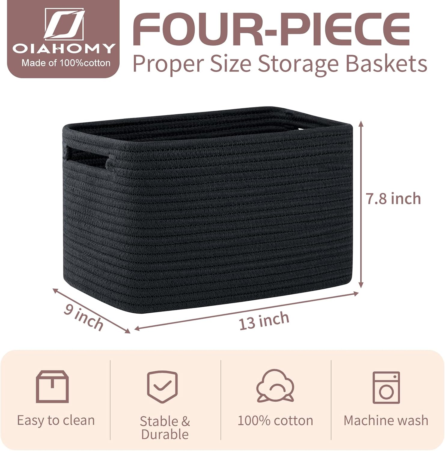 OIAHOMY 4 Pack Storage Baskets for Organizing, Cube Storage Bins for Shelves, Rectangle Storage