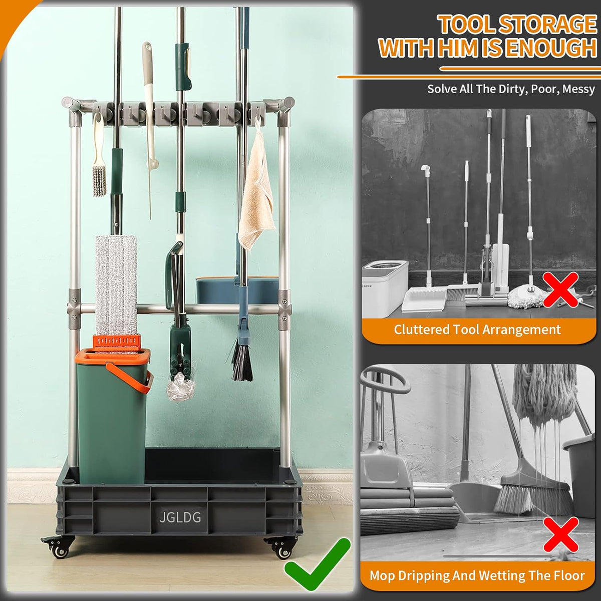 Broom mop Holder Cleaning Supplies Organizer Janitor carts on Wheels Housekeeping Station Storage