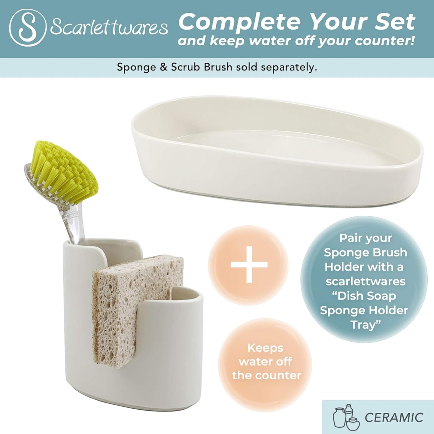 Kitchen Sink Caddy Dish Sponge Holder and Scrub Brush Dish Wand Holder Ceramic White Farmhouse