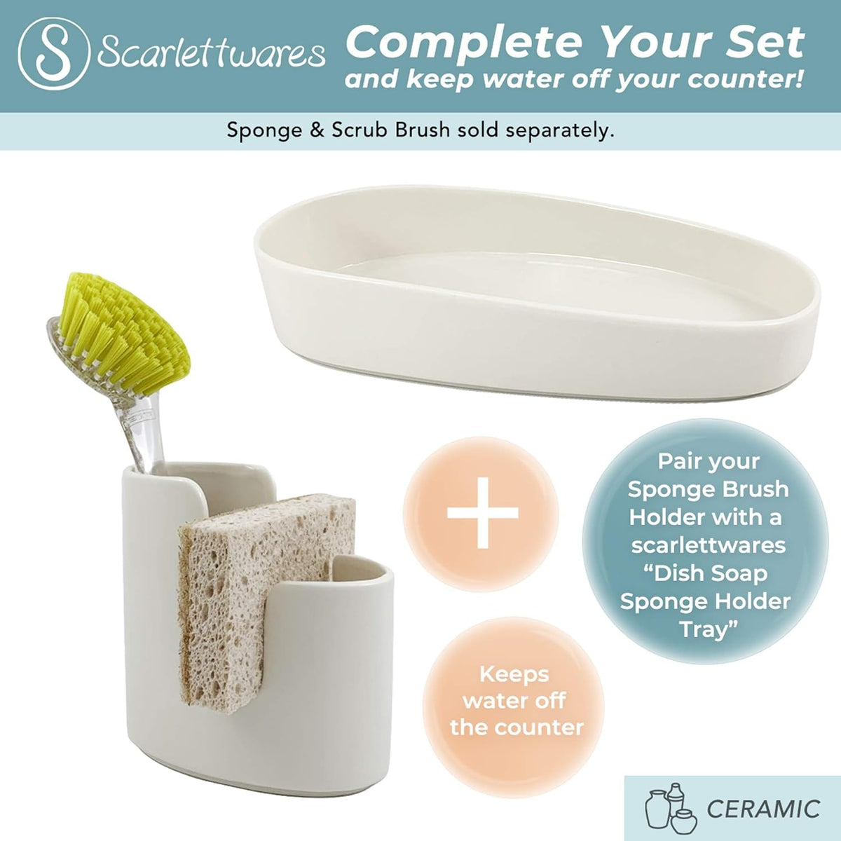 Kitchen Sink Caddy Dish Sponge Holder and Scrub Brush Dish Wand Holder Ceramic White Farmhouse