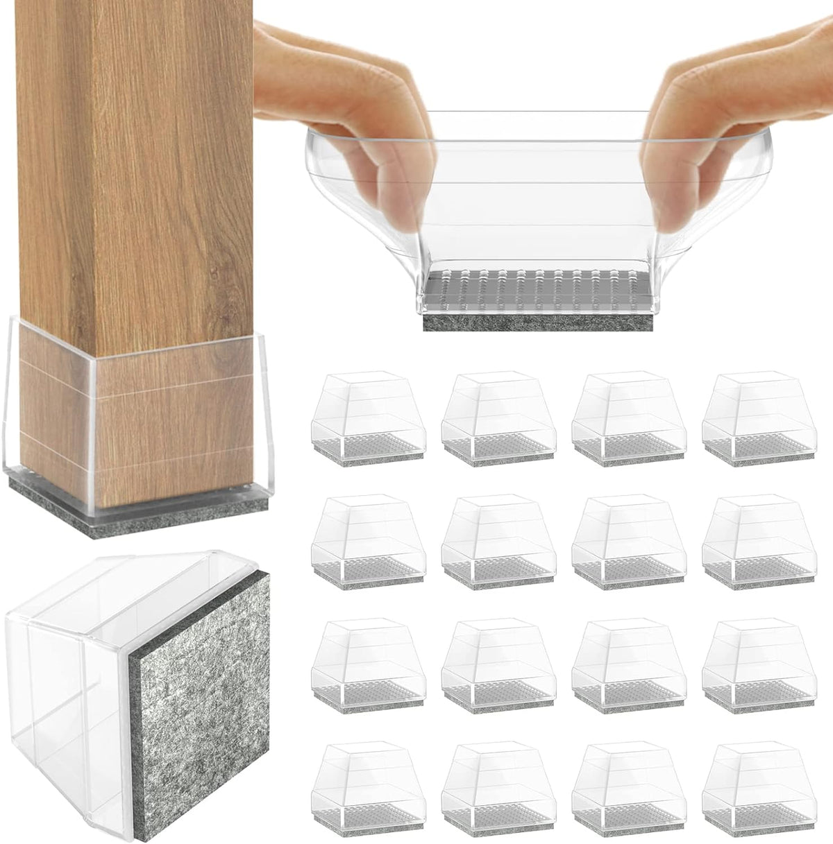 Square Chair Leg Protectors for Hardwood Floors,16 Pcs Silicone Felt Furniture Legs Caps to Prevent