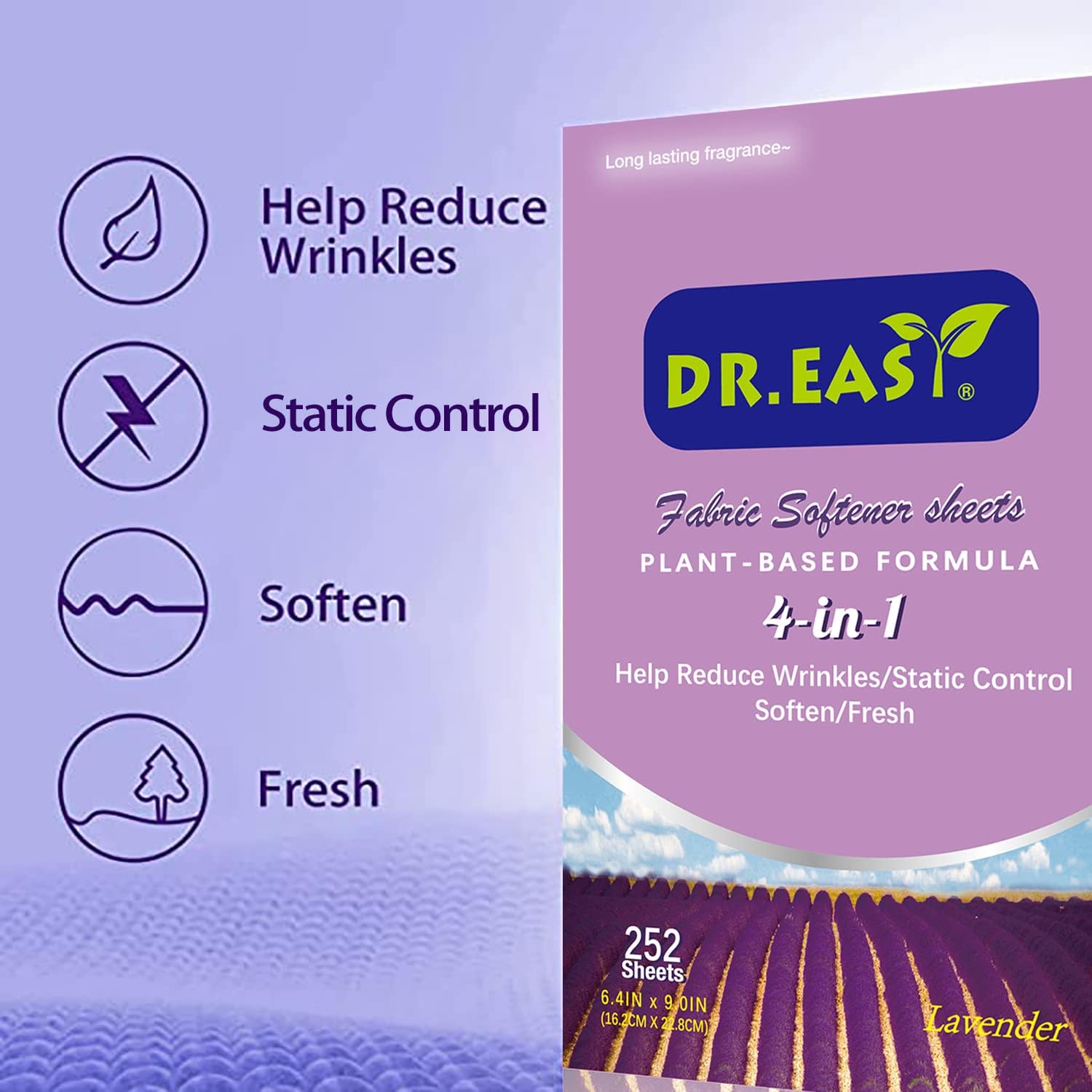 DR.EASY Dryer Sheets Plant Based Formula 252 Ct Fabric Softener sheets for Laundry Lavender