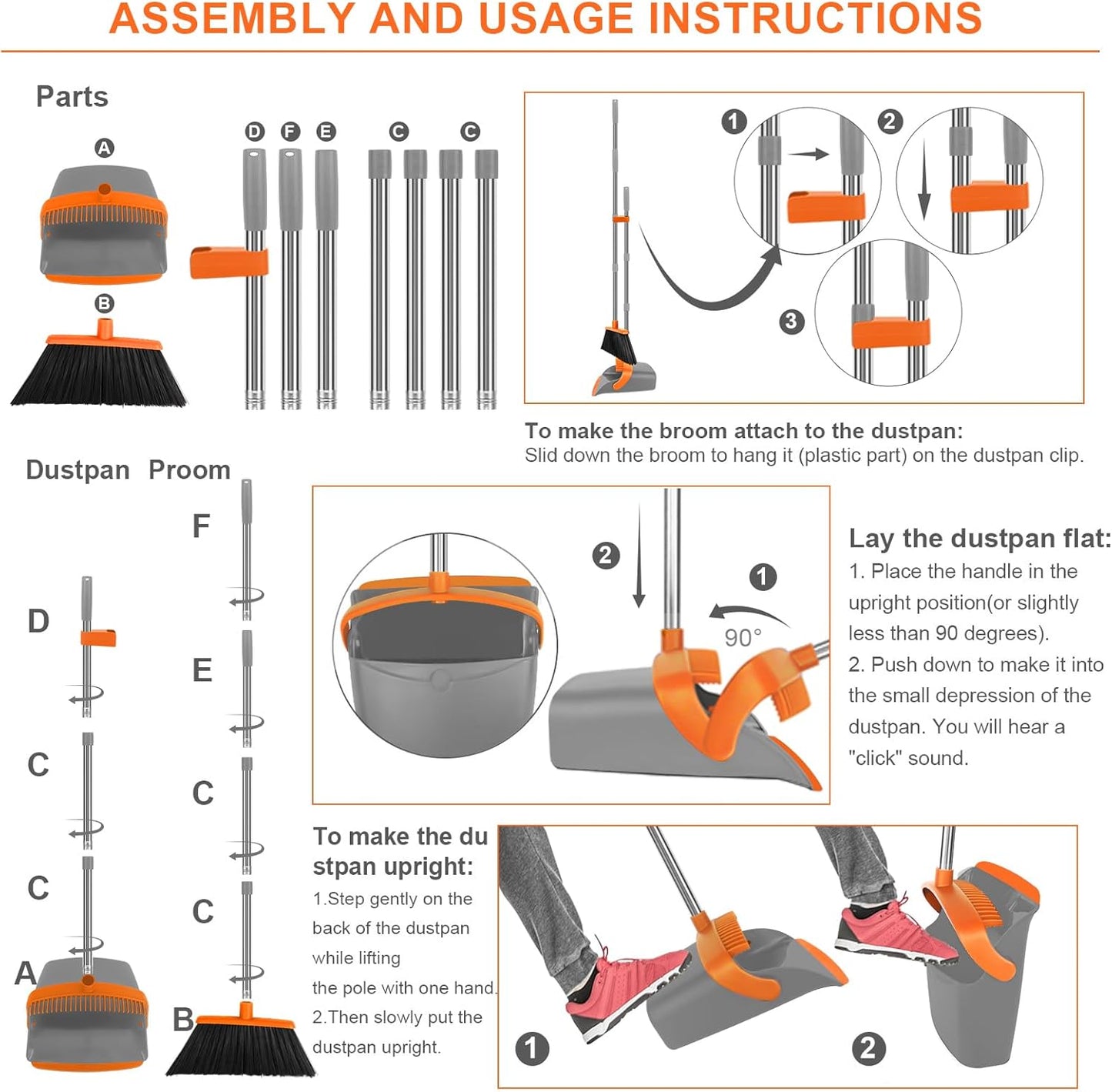 Broom and Dustpan Set, Large Broom with Dustpan Combo Set, 55" Long Handle Heavy Duty Industrial
