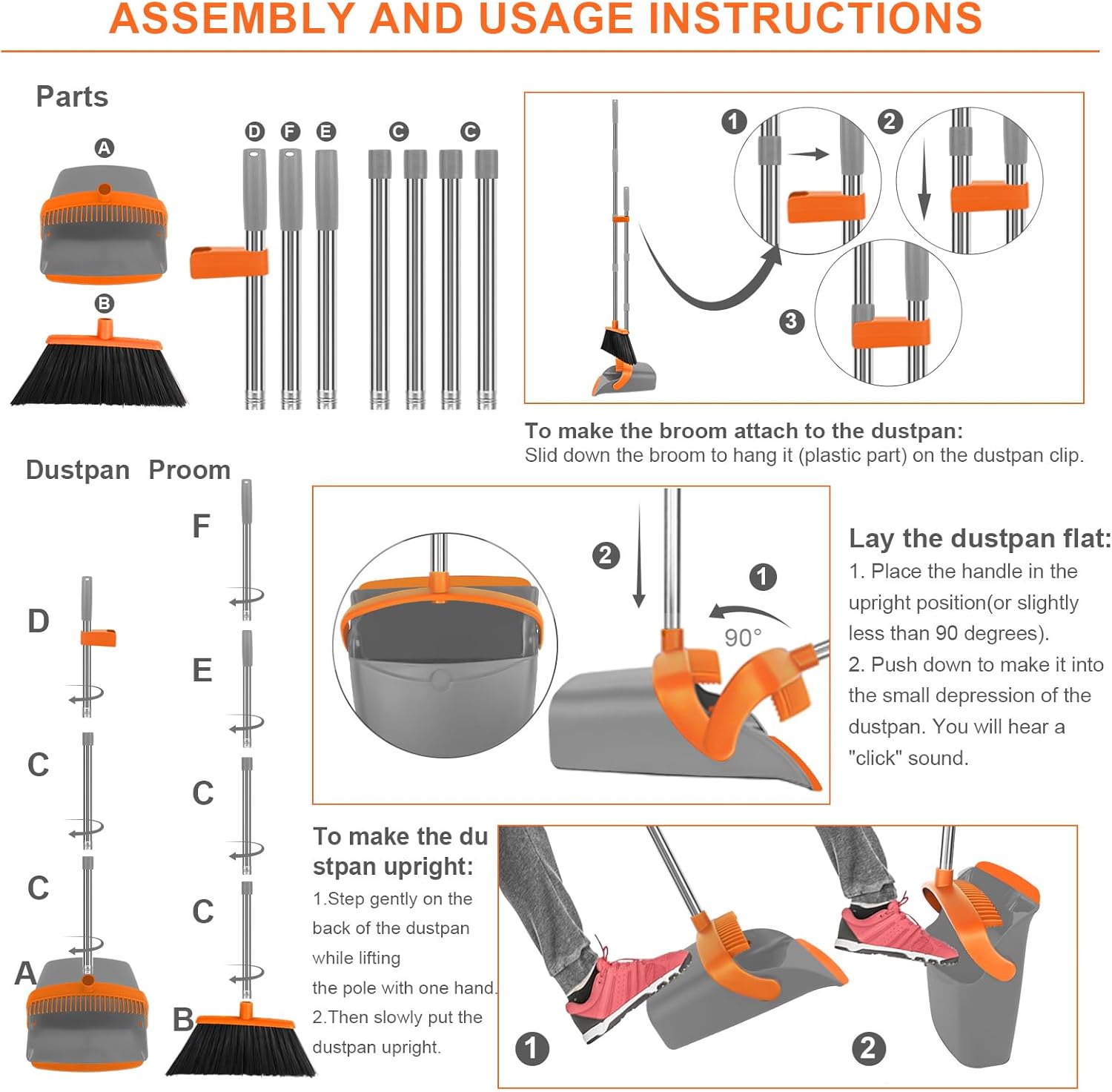 Broom and Dustpan Set, Large Broom with Dustpan Combo Set, 55" Long Handle Heavy Duty Industrial