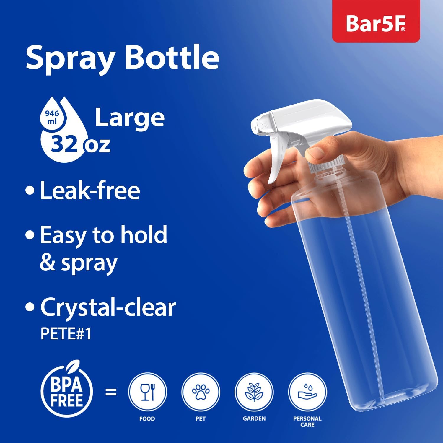 Bar5F Plastic Spray Bottles with Mixor Trigger, 32 oz | Professional, Leak Proof, Empty, Adjustable