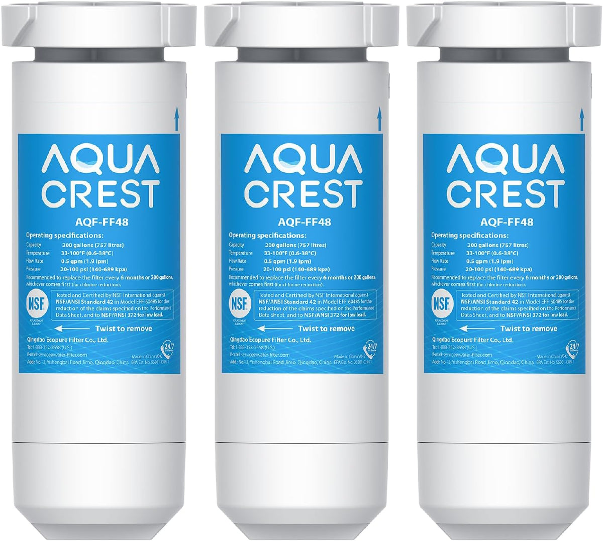 AQUA CREST XWF Replacement for GE® XWF, NSF Certified Refrigerator Water Filter, 3 Filters (Not