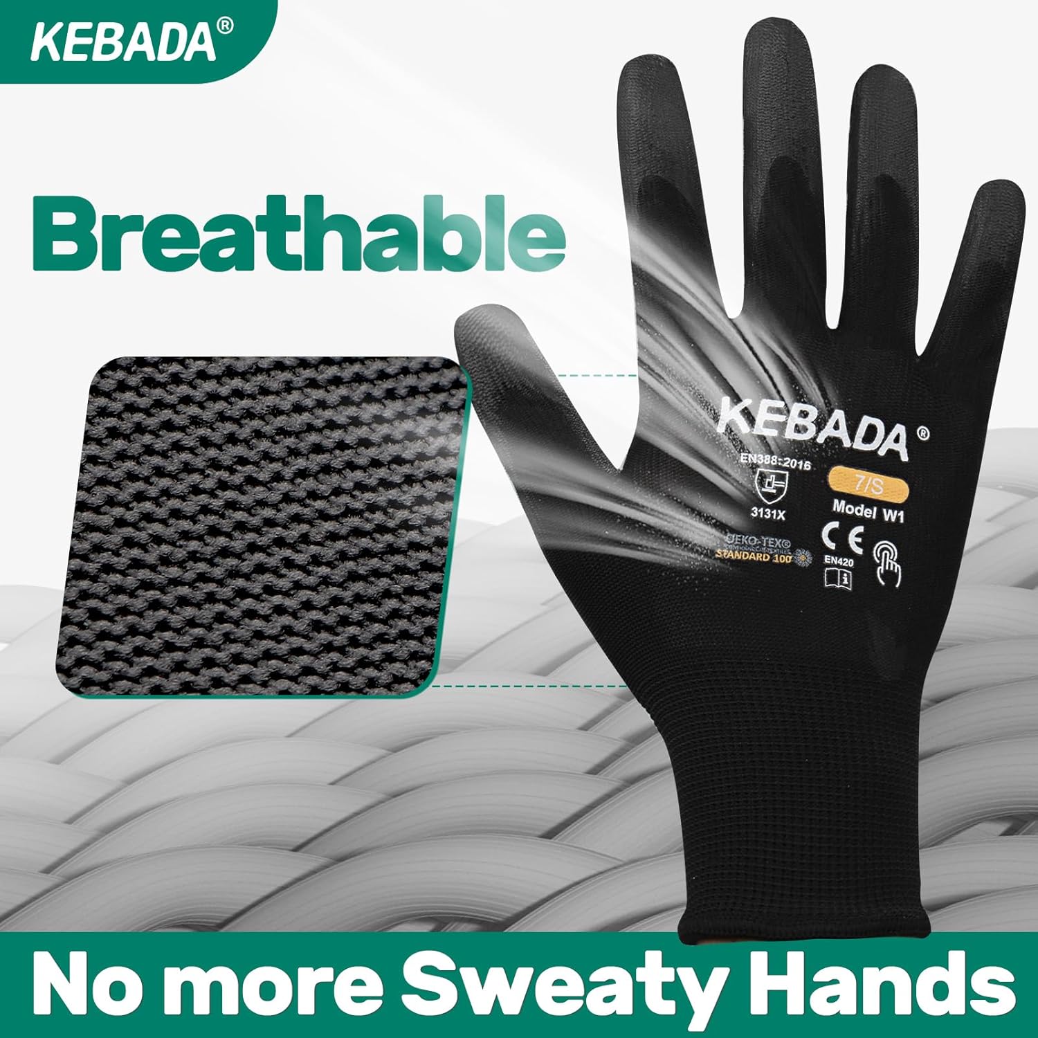 Kebada W1 Work Gloves for Men and Women, PU Coated Safety Gloves with Grip, Touchscreen, Ideal for