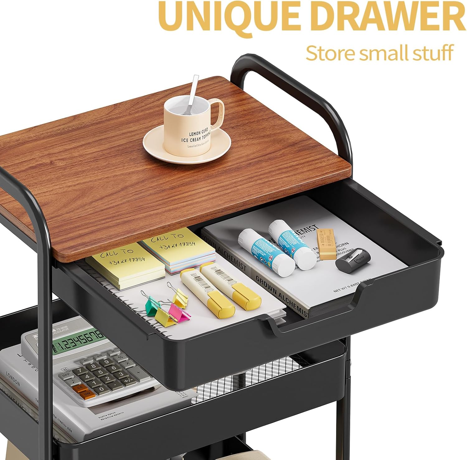 TOOLF 3-Tier Utility Rolling Cart with Wooden Board and Drawer, Metal Storage Cart with Handle