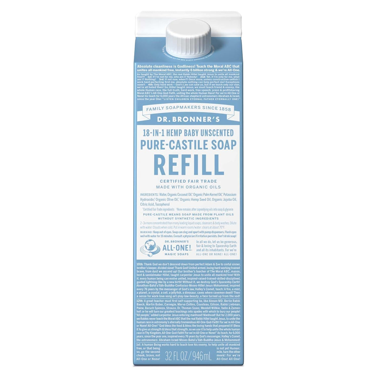 Dr. Bronner's Pure-Castile Liquid Soap Refill - Made with Regenerative Organic Certified Oils, 86%