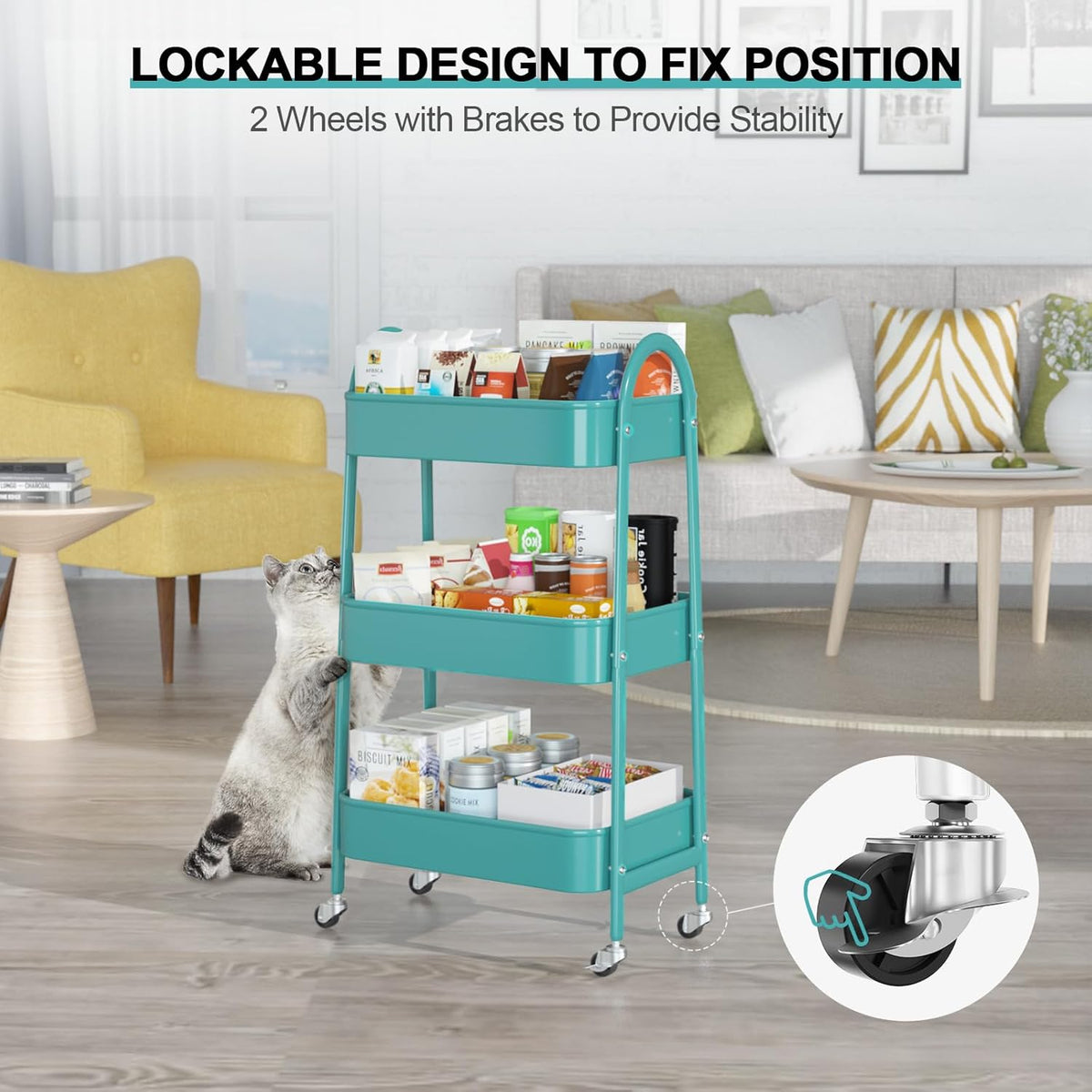EAGMAK 3 Tier Utility Rolling Cart, Metal Storage Cart with Handle and Lockable Wheels