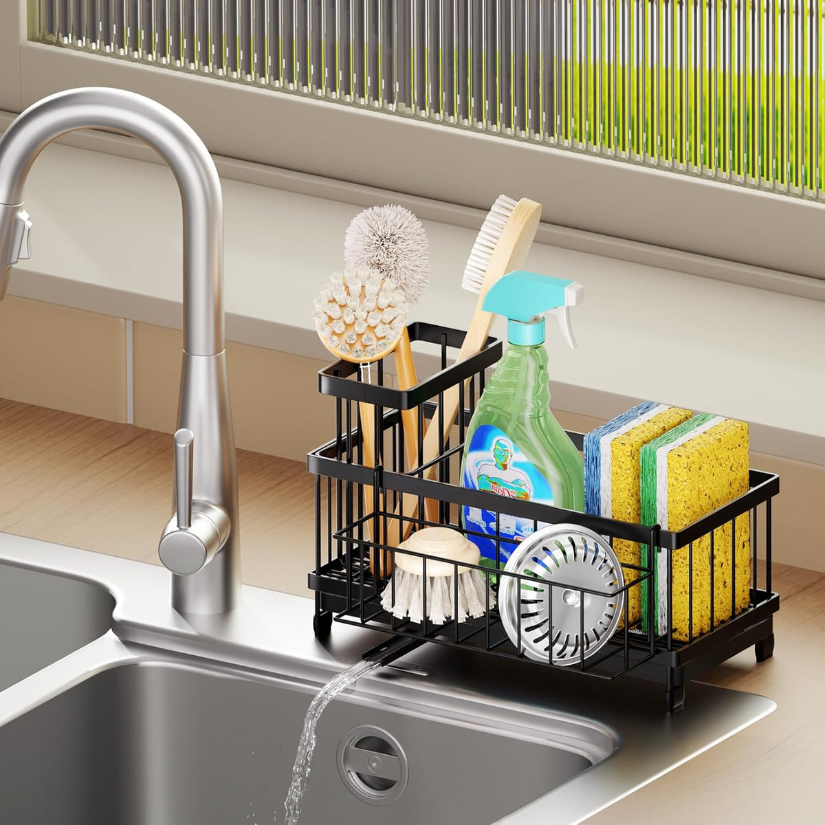 SWTYMIKI Sink Caddy Sponge Holder - Large Sponge Holder for Kitchen Sink with 360°Auto-Drain Tray