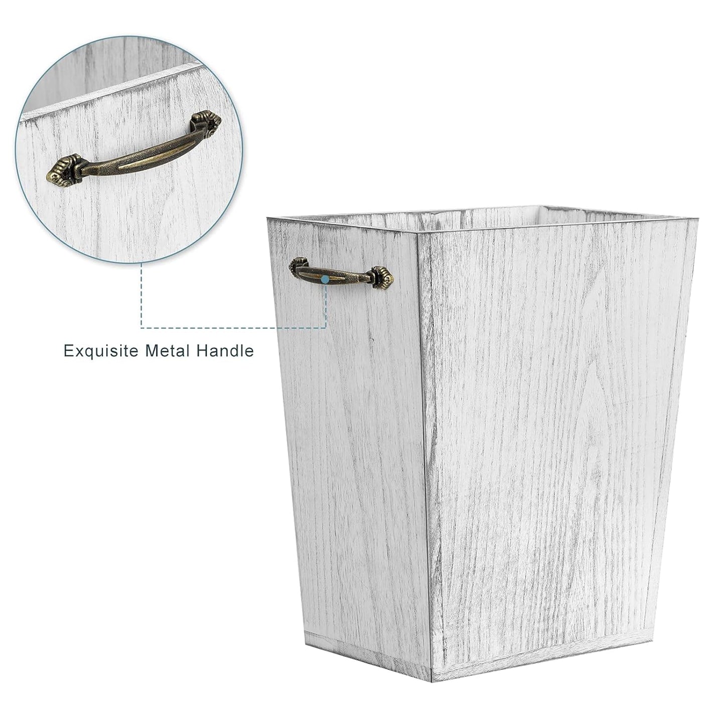Wood Wastebasket Trash Can Rustic Farmhouse Square Garbage Container Bin with Decorative Metal