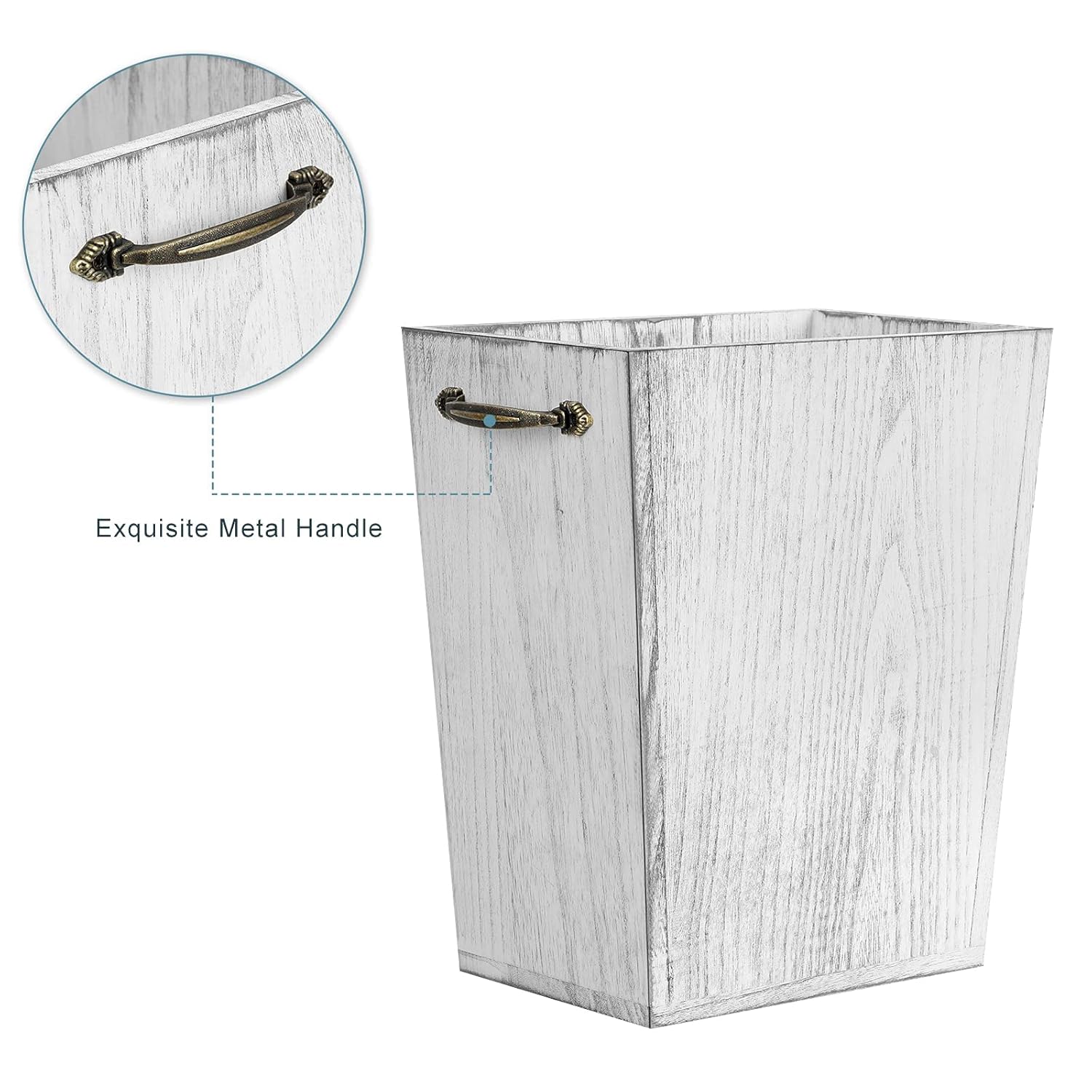 Wood Wastebasket Trash Can Rustic Farmhouse Square Garbage Container Bin with Decorative Metal