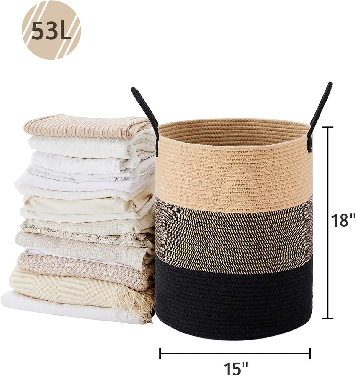 VIPOSCO Large Laundry Hamper, Tall Woven Rope Storage Basket for Blanket, Toys, Dirty Clothes in