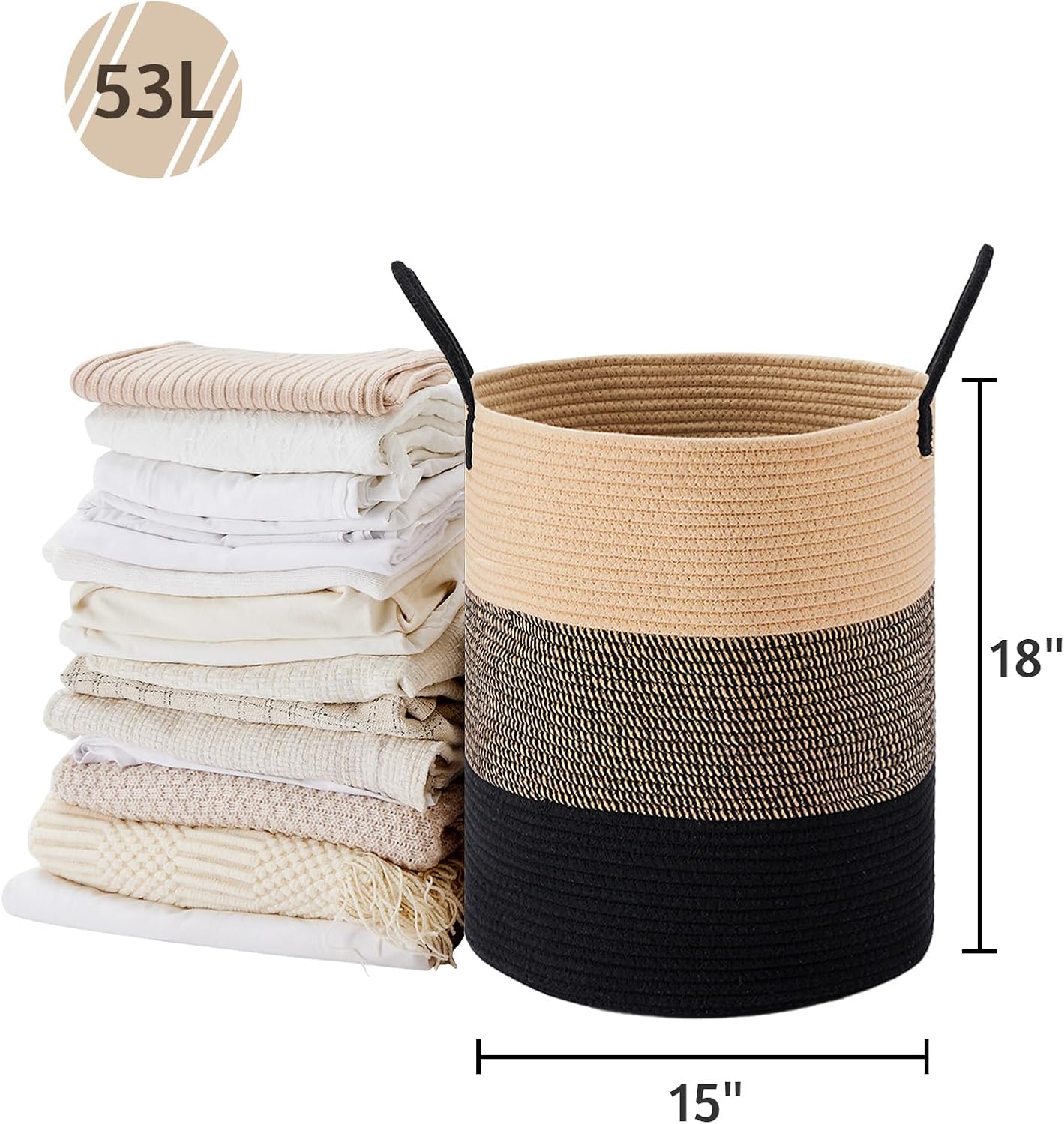 VIPOSCO Large Laundry Hamper, Tall Woven Rope Storage Basket for Blanket, Toys, Dirty Clothes in