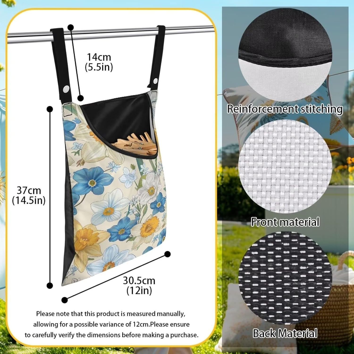 Floral Clothespin Bag with Hanging Rope Daffodil 14.5 x 12 Inch Summer Waterproof Laundry Clothes