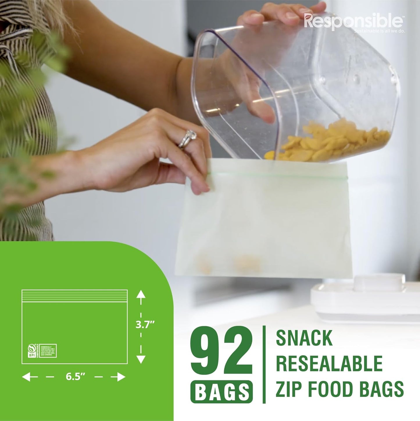 Responsible Products Certified Compostable SNACK Resealable Zip Bag, Extra Strength Food Bags