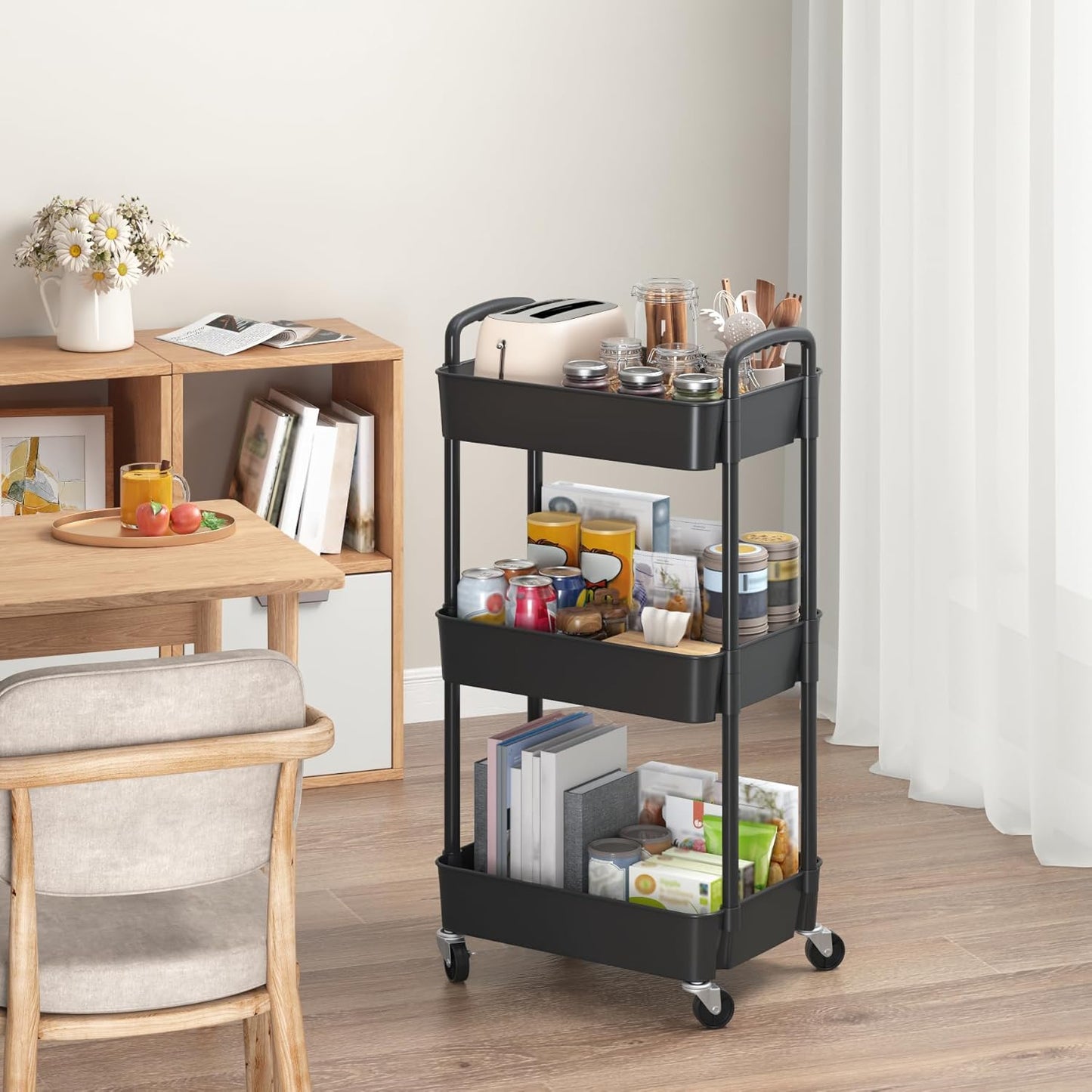Sywhitta 3-Tier Plastic Rolling Utility Cart with Handle, Multi-Functional Storage Trolley for