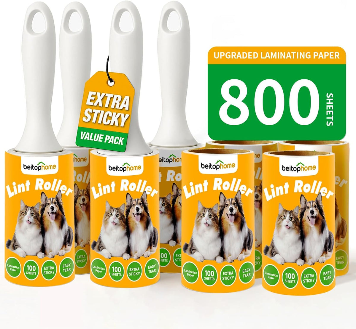 Lint Roller for Pet Hair Extra Sticky, 800 Sheets with 4 Durable Handles and Strong Paper Refills